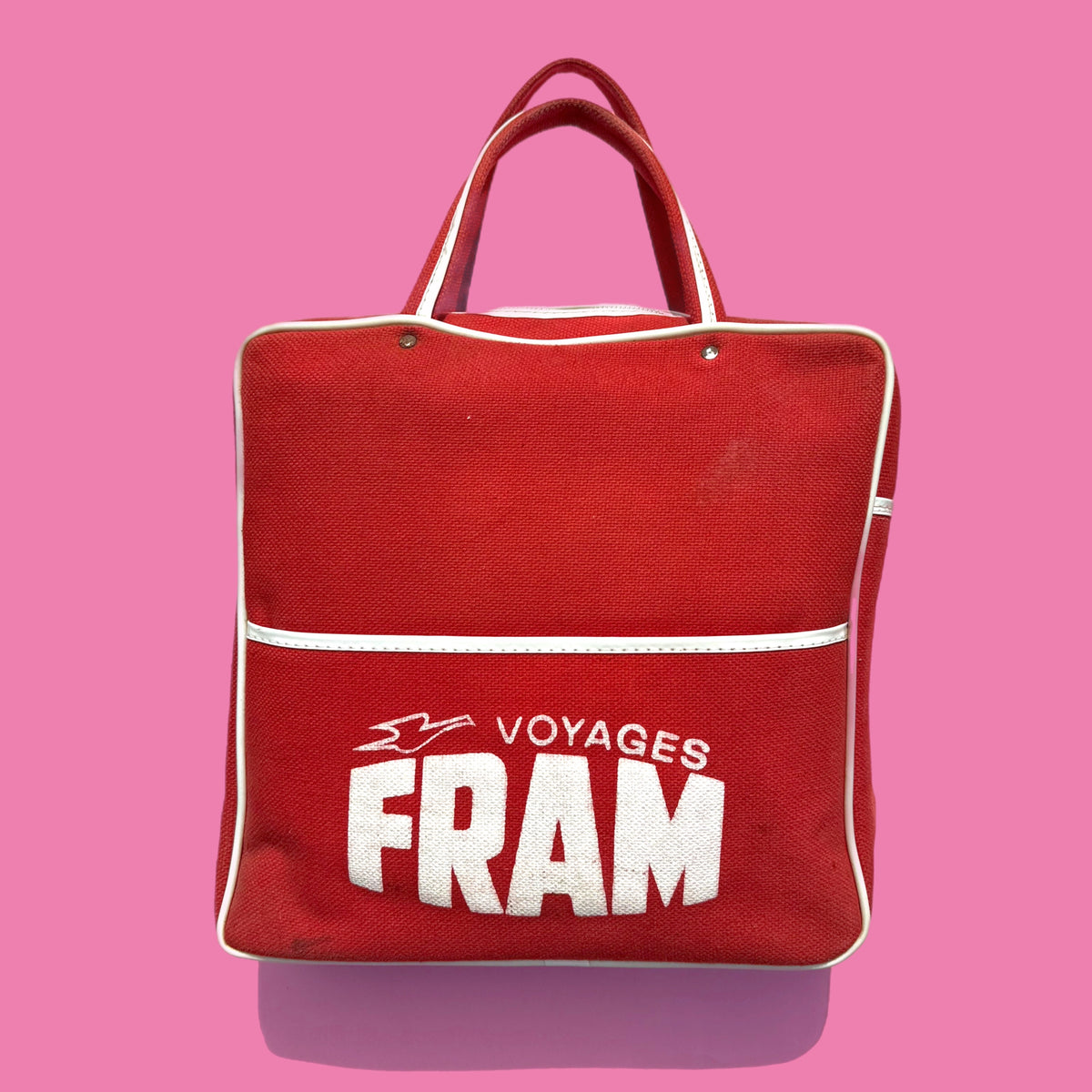 Vintage red canvas tote bag with bicycle pannier attachment