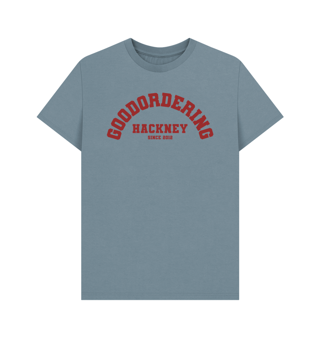 Stone Blue Goodordering Hackney since 2012 varsity t-shirt