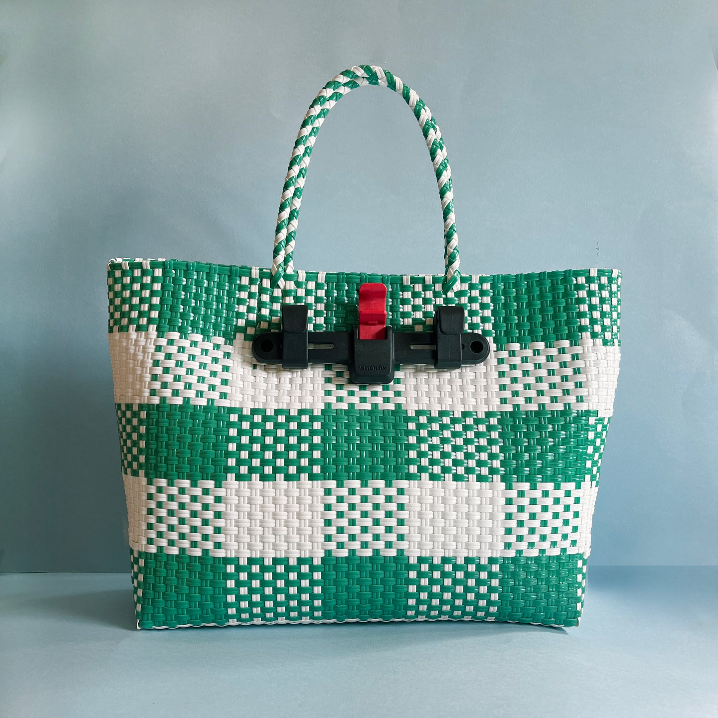 Bicycle Pannier recycled green & white plastic woven basket tote bag