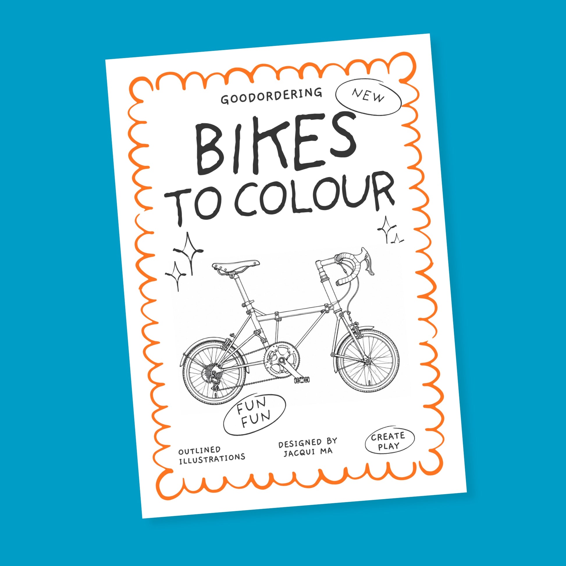 Coloring book titled 'Bikes to Colour' on a blue background