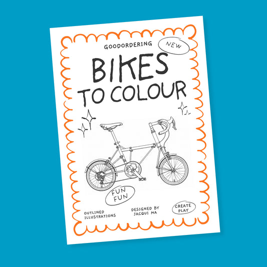 Coloring book titled 'Bikes to Colour' on a blue background