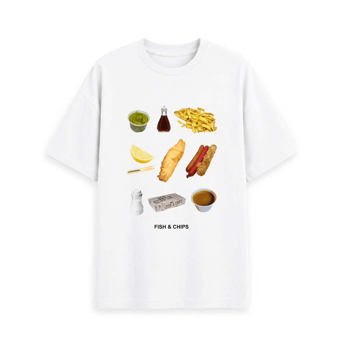 White Printed T-shirt Front fish and chips london t-shirt foodie gift goodordering