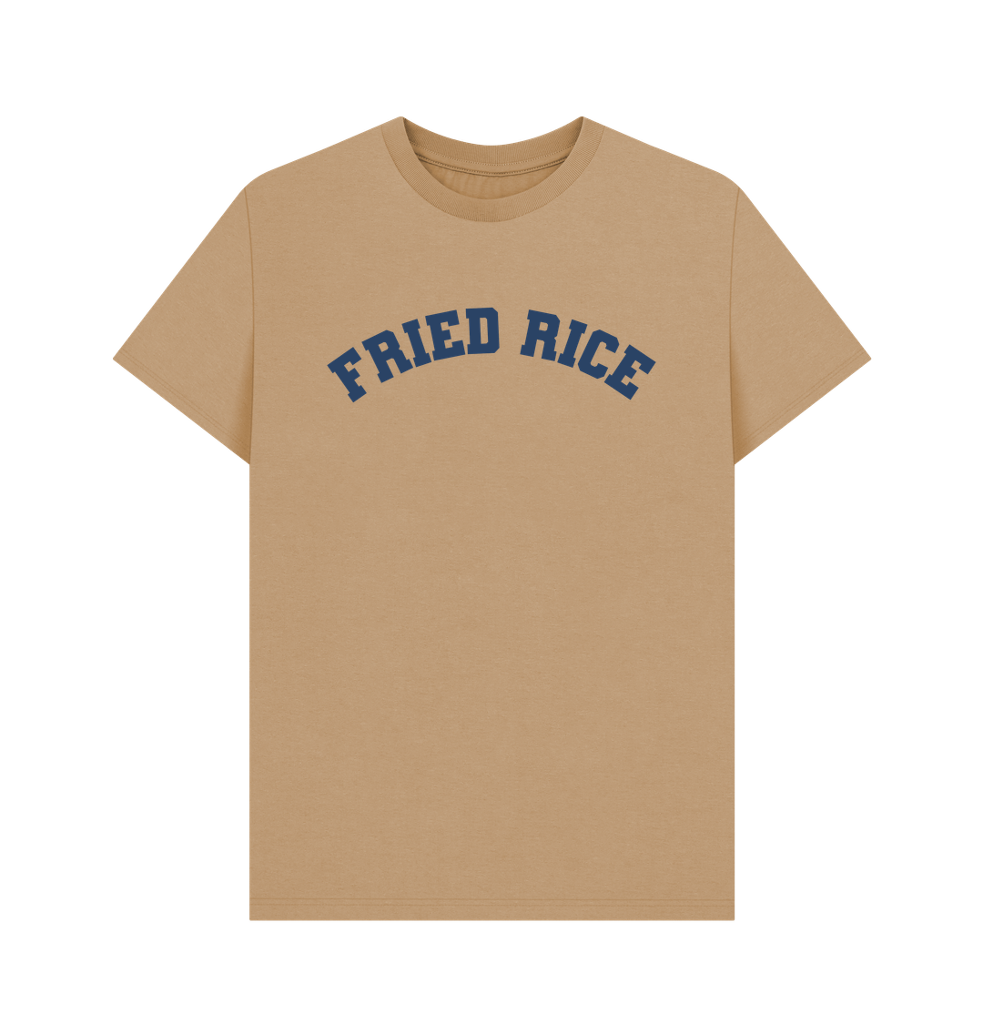 Sand Fried Rice Varsity T-shirt sand colour with navy blue text 