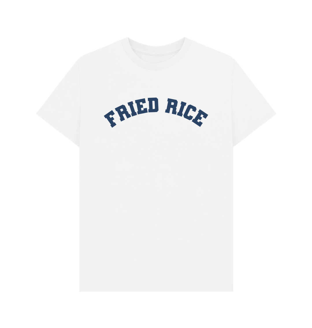 White Fried Rice Varsity T-shirt with blue text 