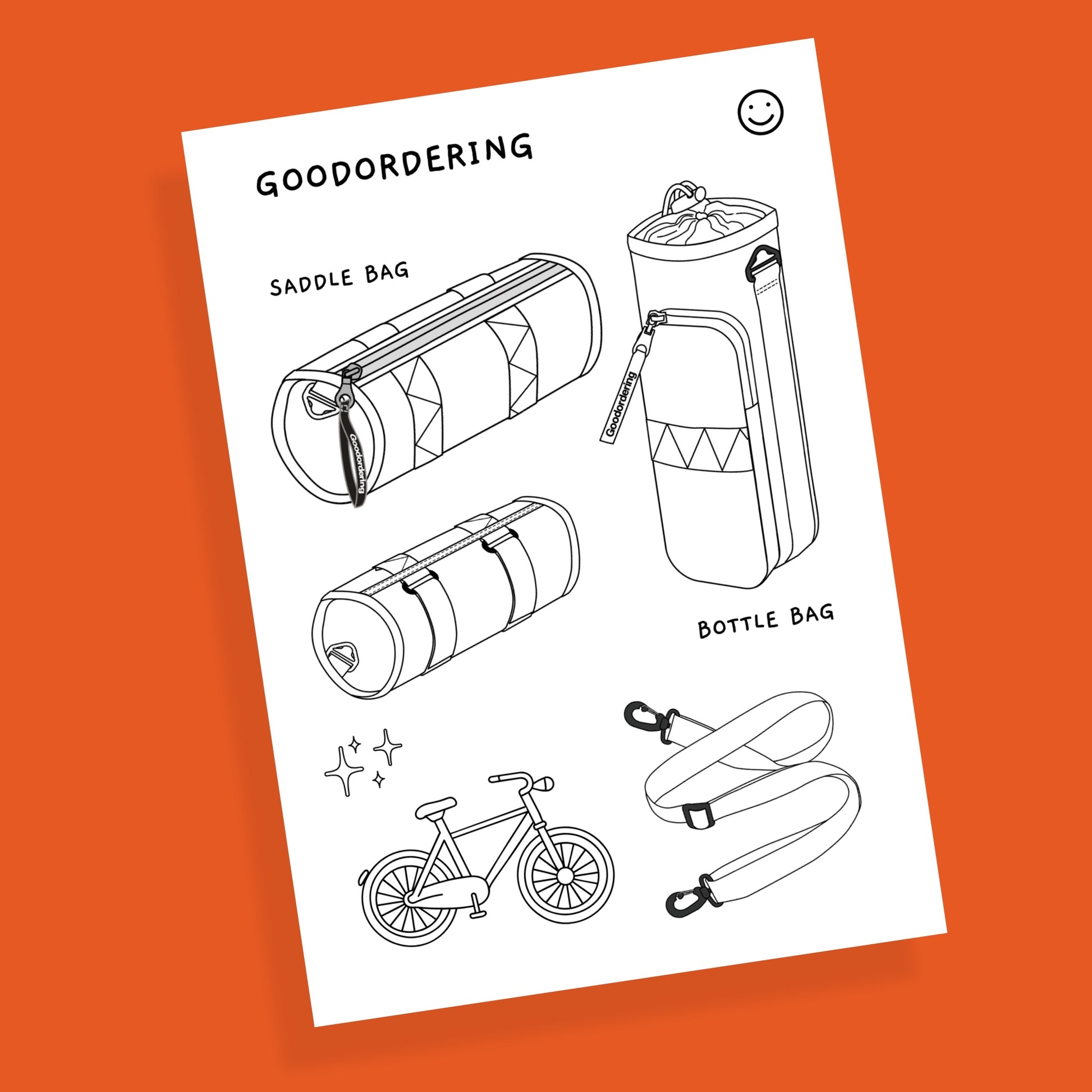 Illustrations of bike bags and accessories on a white sheet with 'Goodordering' branding, against an orange background.
