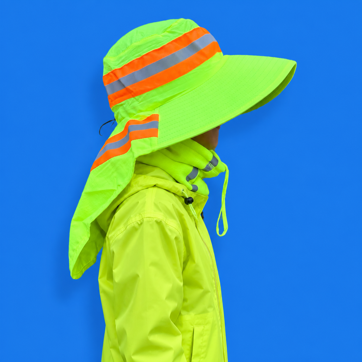 A child wearing a bright neon yellow-green sun hat with reflective orange and gray stripes, paired with a matching high-visibility rain jacket, shown in profile against a solid blue background.