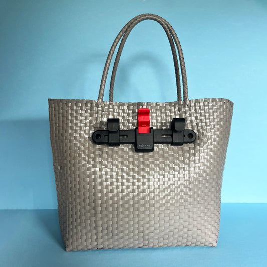 Bicycle Pannier recycled gray plastic woven basket tote bag with toggle closure
