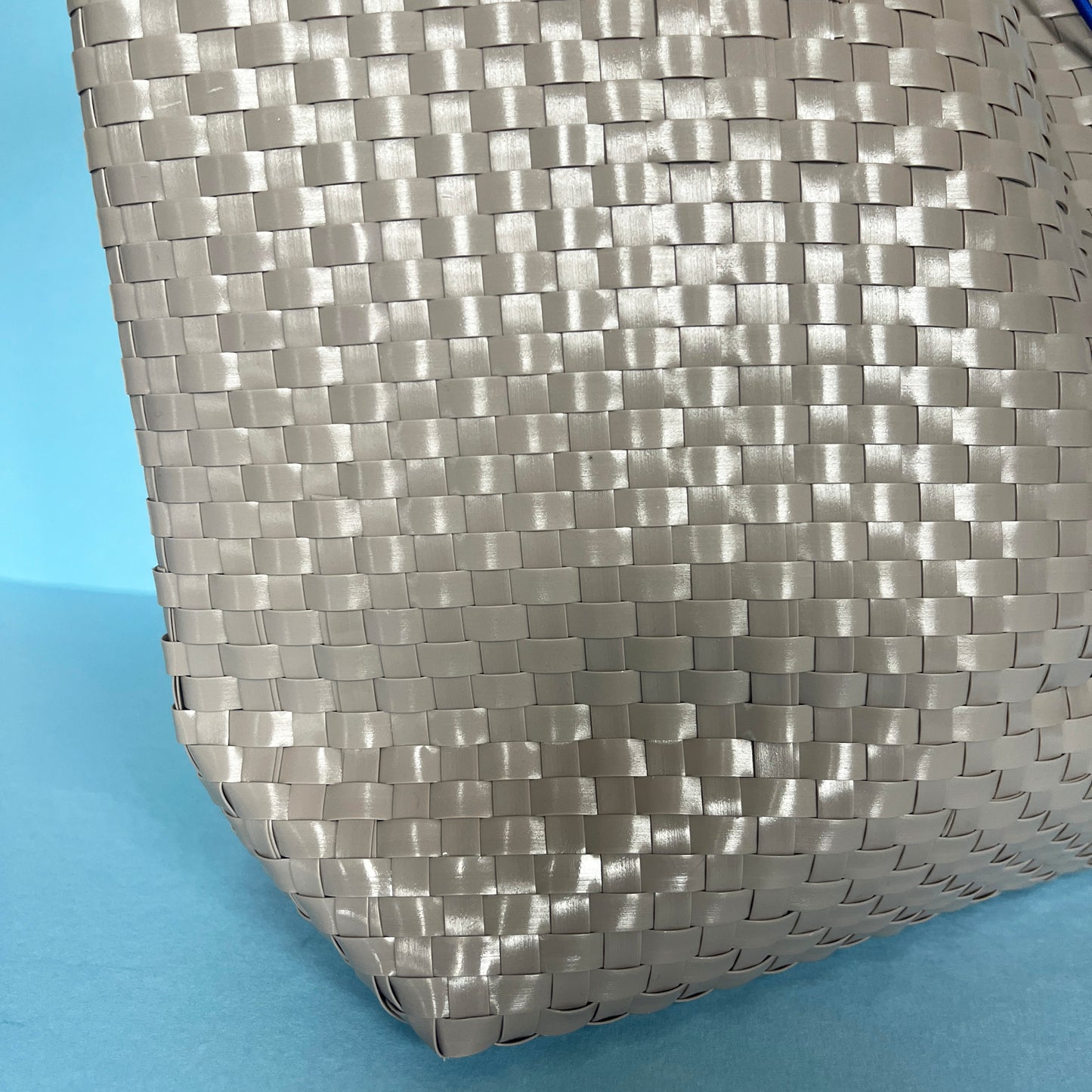 Bicycle Pannier recycled gray plastic woven basket tote bag with toggle closure