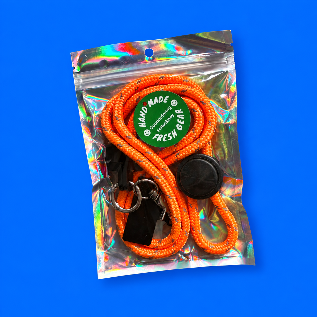 neon orange phone strap neck lanyard reflective with phone case attachment packaging