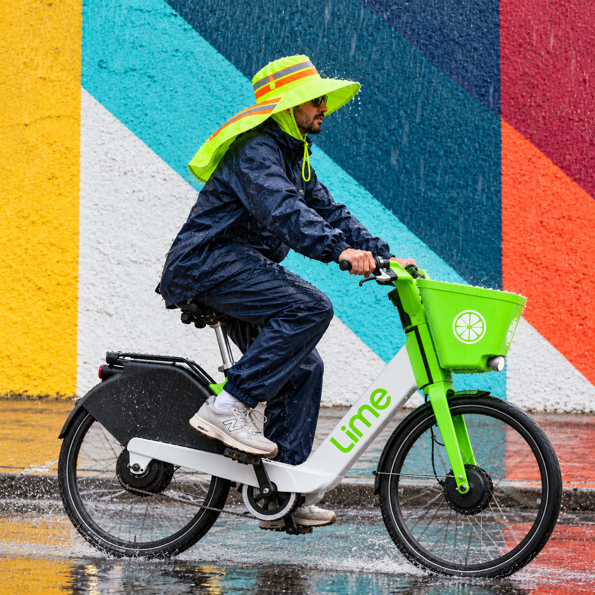 A person in a bright yellow raincoat and wide-brimmed hat rides a Lime shared electric bicycle in the rain in front of a colorful painted wall.
