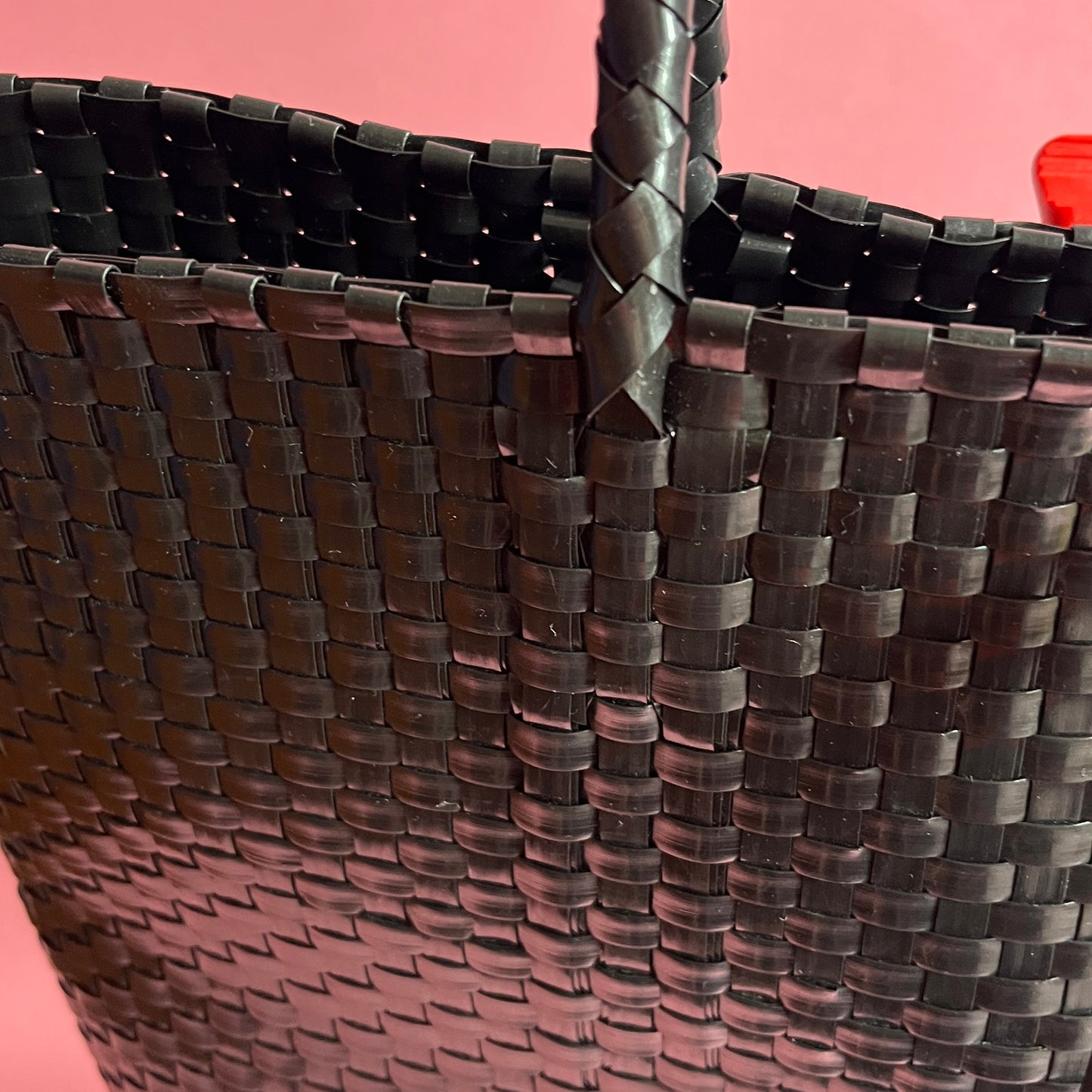 Bicycle Pannier black plastic woven basket medium elastic toggle closure