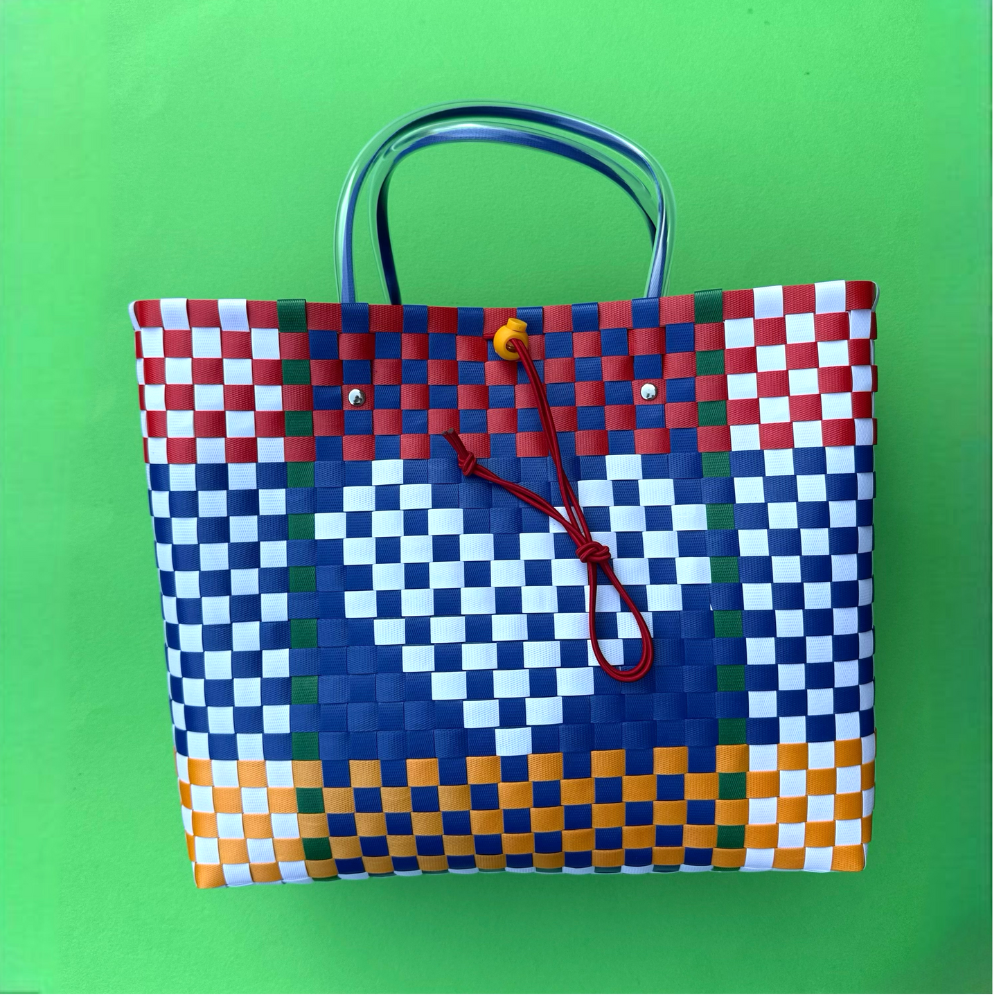 Colorful checkered bag on a green background
