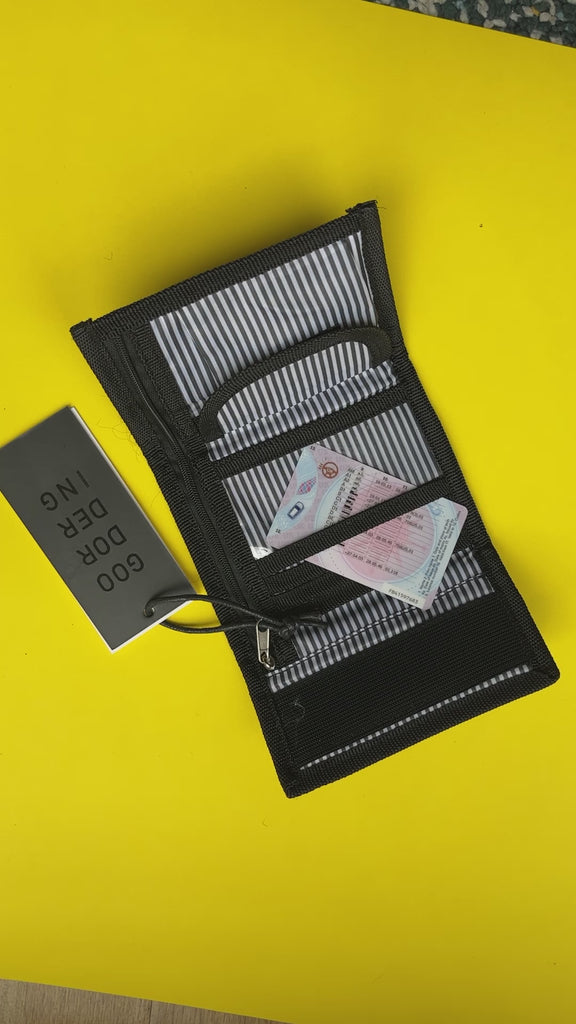 matt black velcro wallet with zip compartments Goodordering video of it open