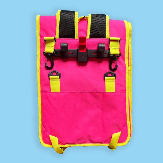 Neon pink rolltop backpack pannier bike bag Rixen kaul hardware hooks
