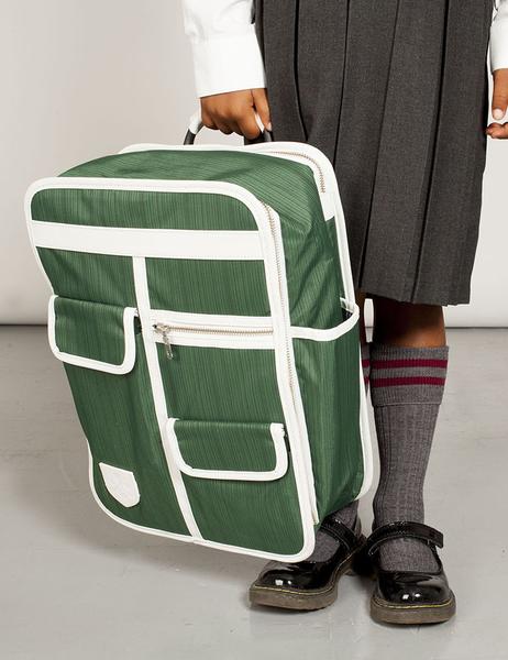 Orange retro boxy backpack with outside side pockets and two front velcro pockets and one zip pocket. Laptop pocket and waterproof material. Orange with white binding rucksack Goodordering