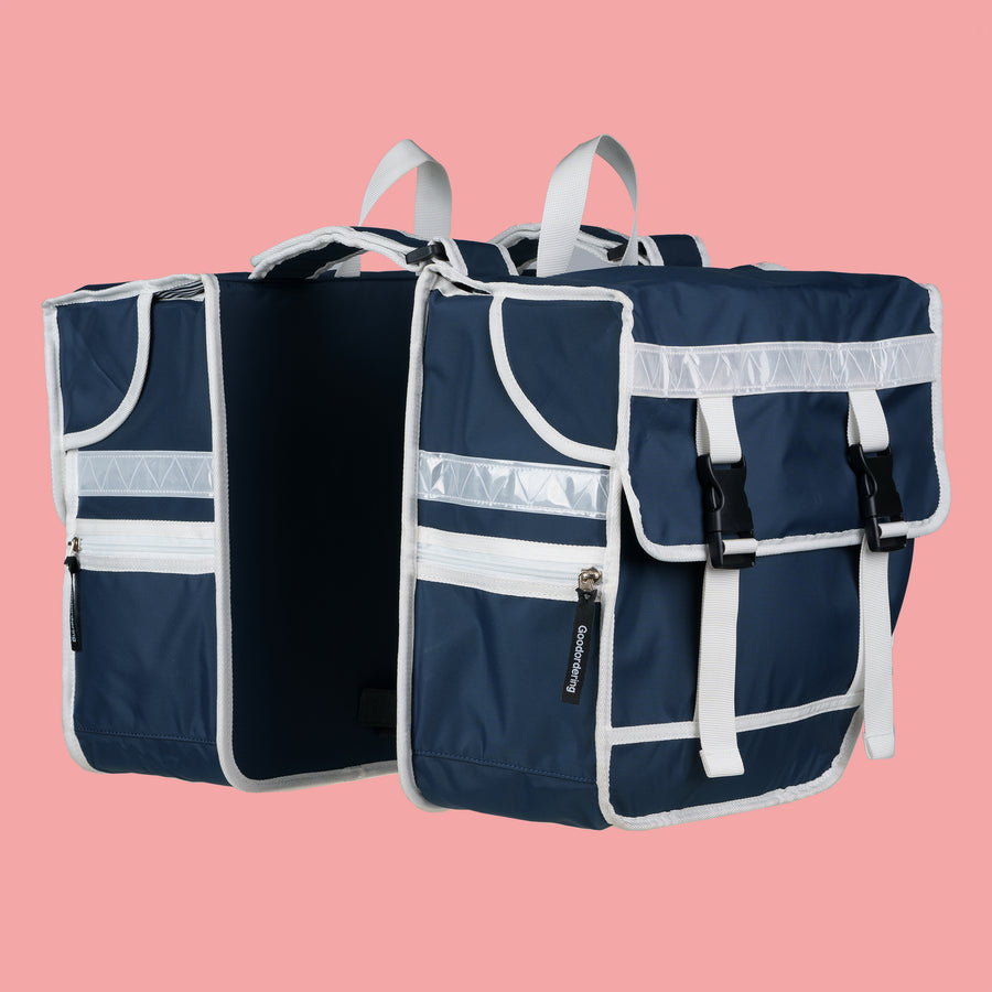 Double pannier bicycle bag navy blue and white