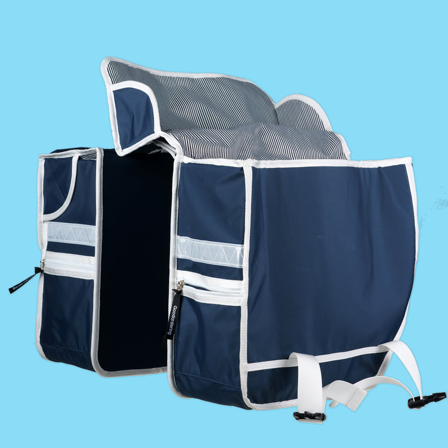 Double pannier bicycle bag navy blue and white