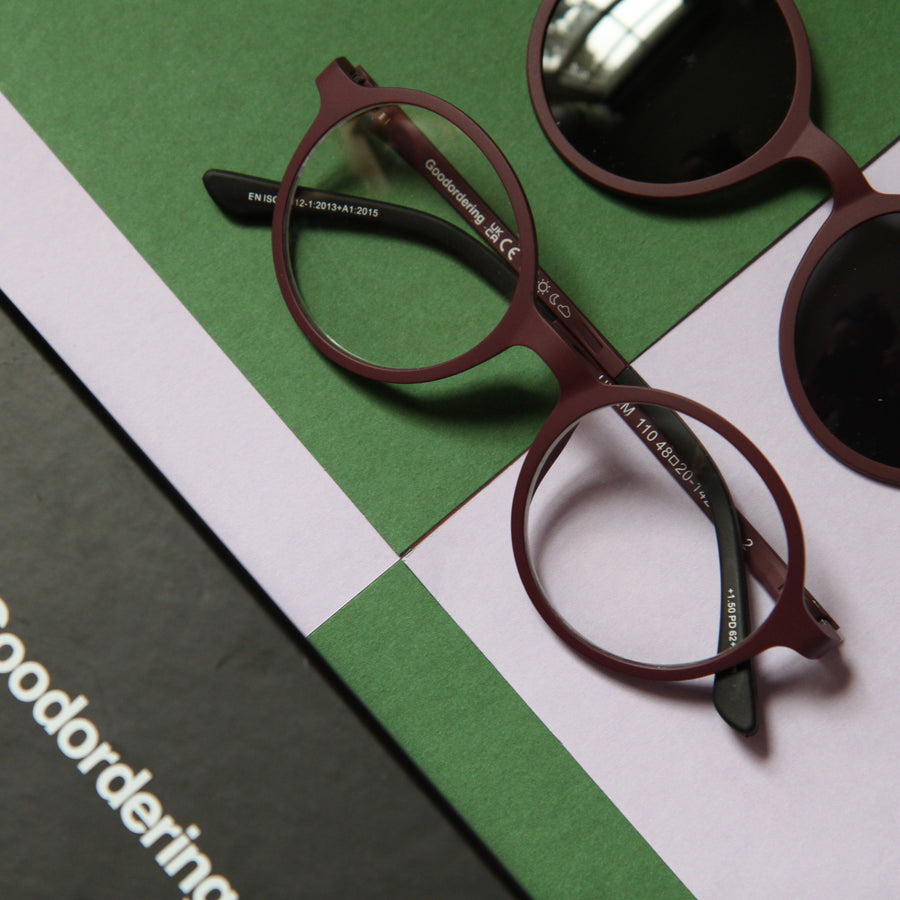 Maroon magnetic glasses & sunglasses in one