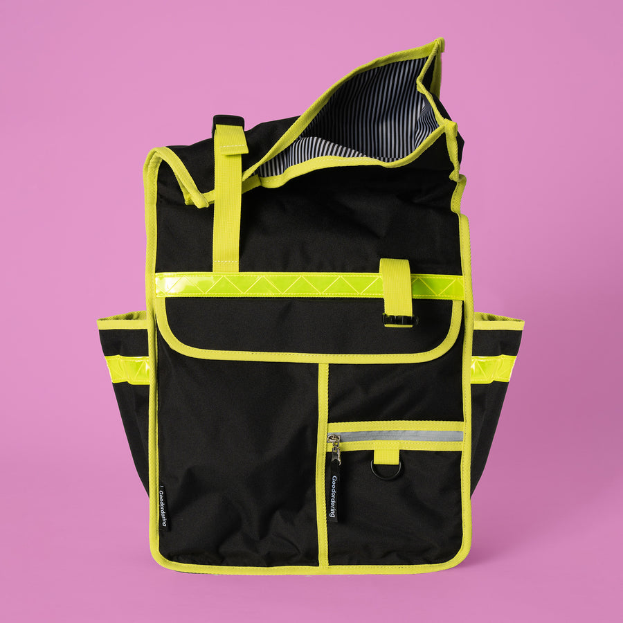 Neon rolltop backpack black pannier bike bag