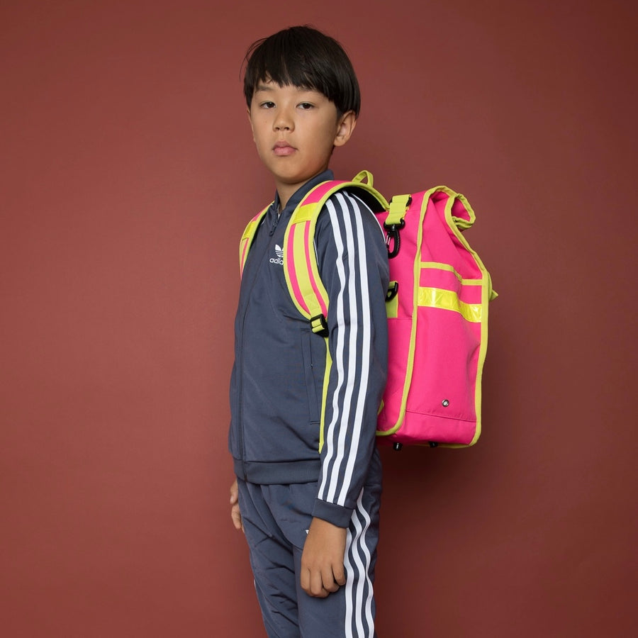 Neon pink rolltop backpack pannier bike bag