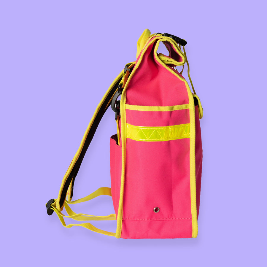Neon pink roll top backpack