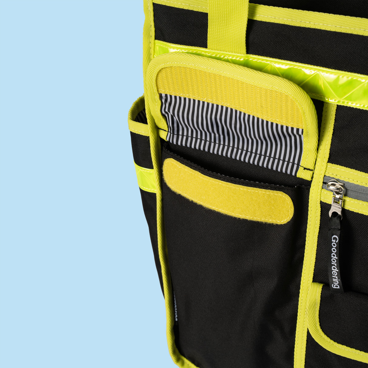 Neon market shopper pannier - Goodordering showing velcro pocket open