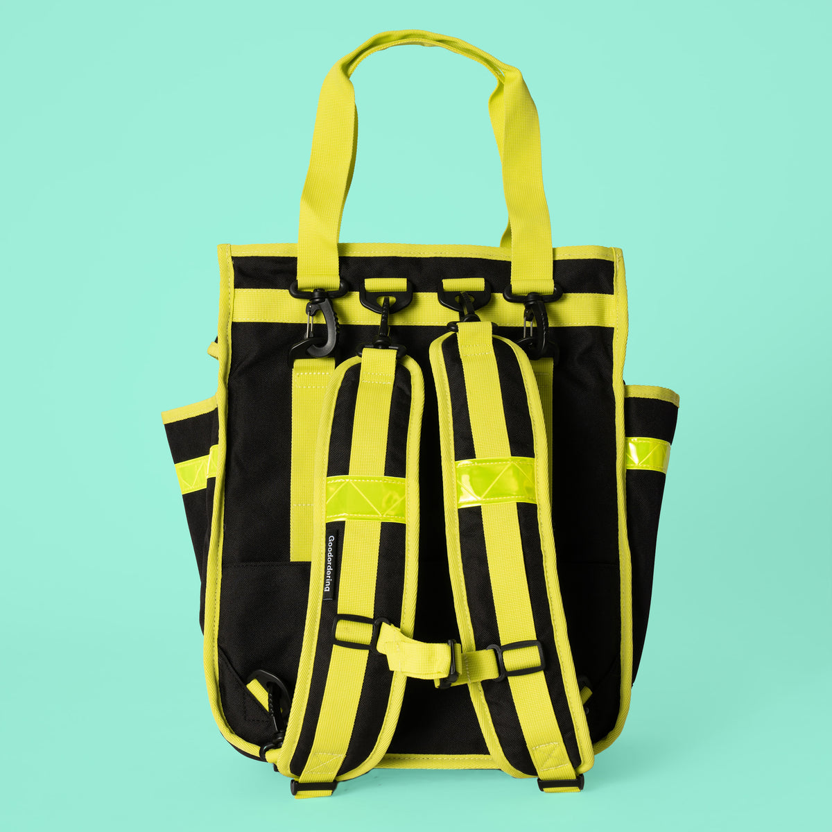 Neon market shopper pannier - Goodordering back view showing backpack straps