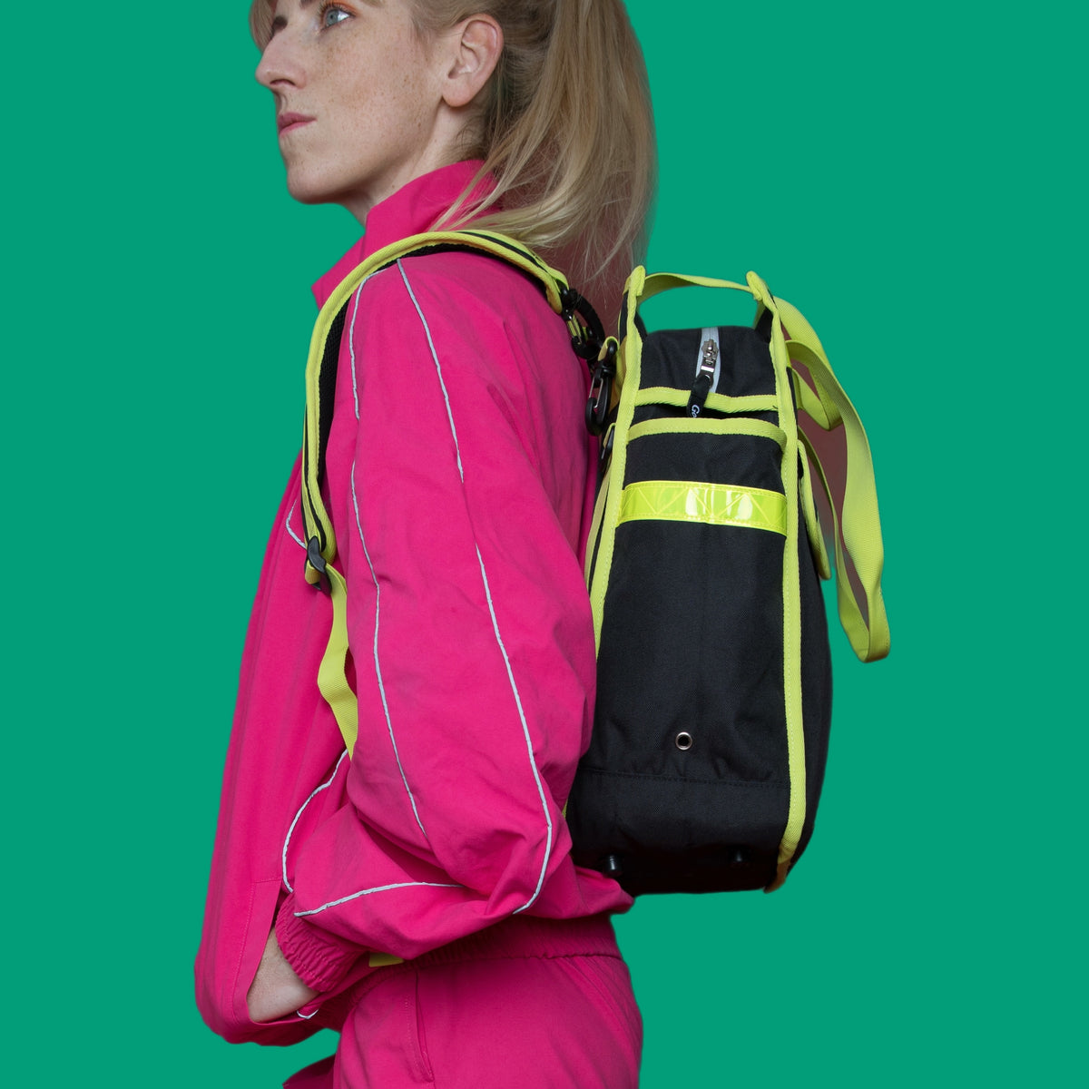 Neon market shopper pannier - Goodordering on model showing backpack