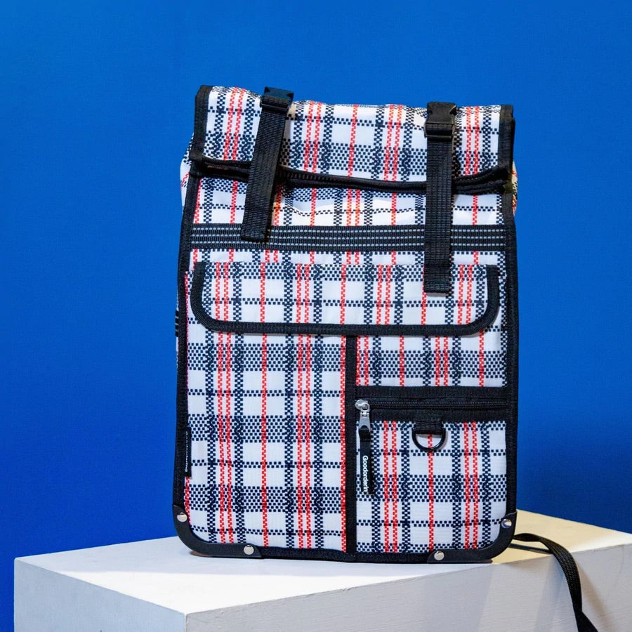 Tartan rolltop backpack and bicycle pannier for commuters